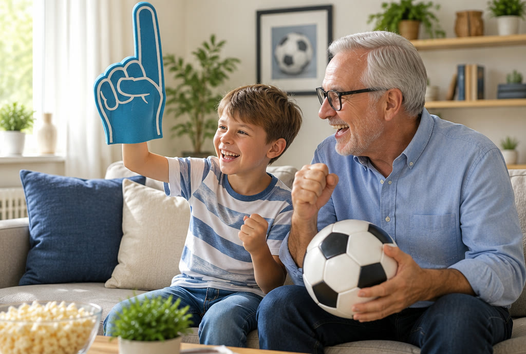 A boy and his grandfather cheering together on the sofa
